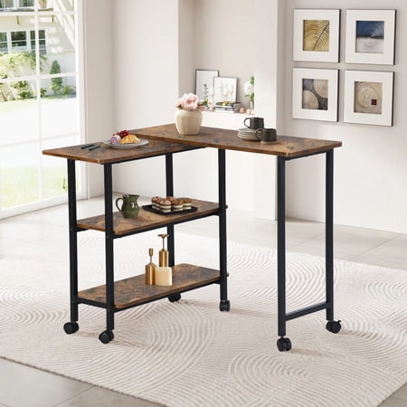 FurnitureR Industrial Folding Side Table with Wheels, Mobile C-Shaped End Table with Storage Shelves for Living Room, Rustic Brown
