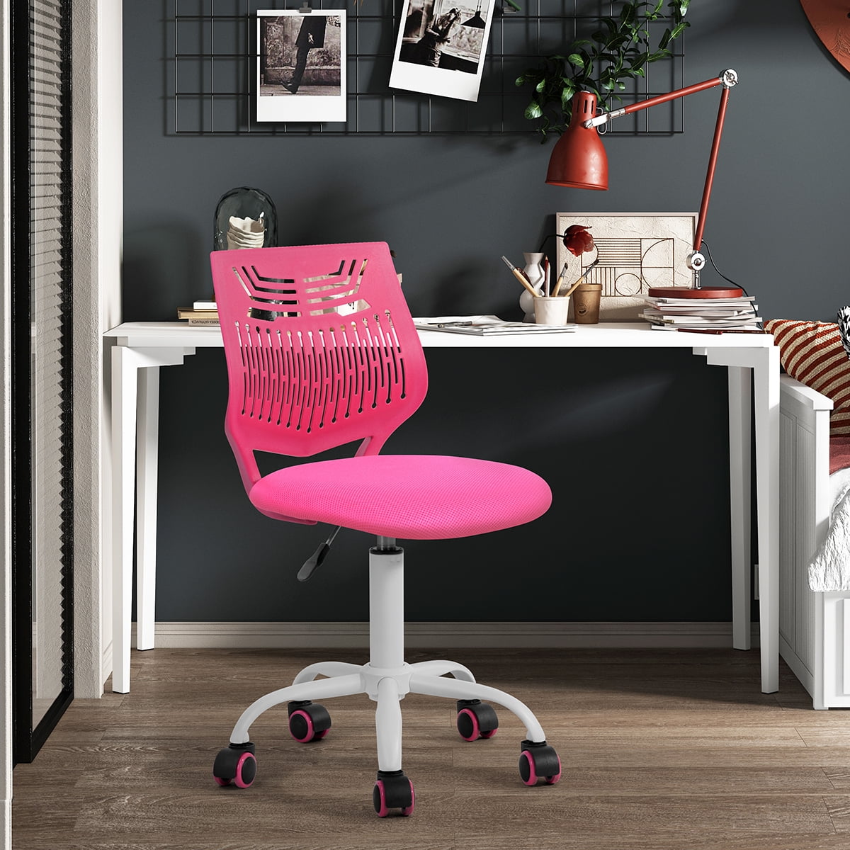 FurnitureR Gaming Chair for Teens, Adjustable Height, Soft Fabric Seat, Breathable Backrest, Rolling Wheels, Rose