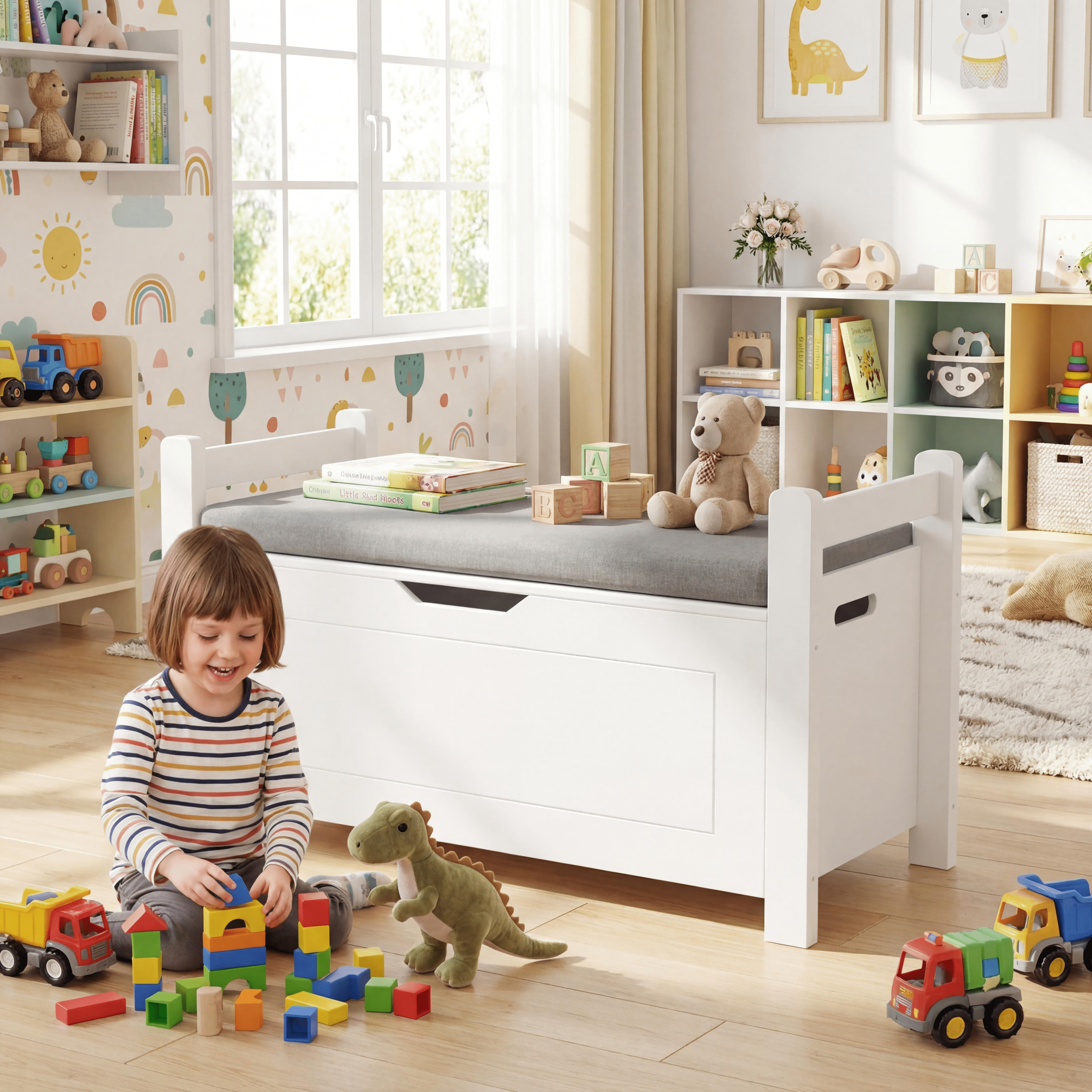FurnitureR Kids Toy Box Chest with Cushion Seat, White Wooden Storage Bench for Playroom & Nursery, Large Toy Storage Organizer Trunk with Safety Hinge & Flip-Top Lid