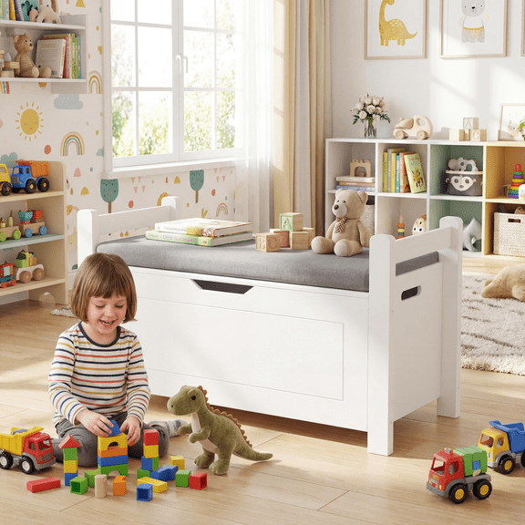 FurnitureR Kids Toy Box Chest with Cushion Seat, White Wooden Storage Bench for Playroom & Nursery, Large Toy Storage Organizer Trunk with Safety Hinge & Flip-Top Lid