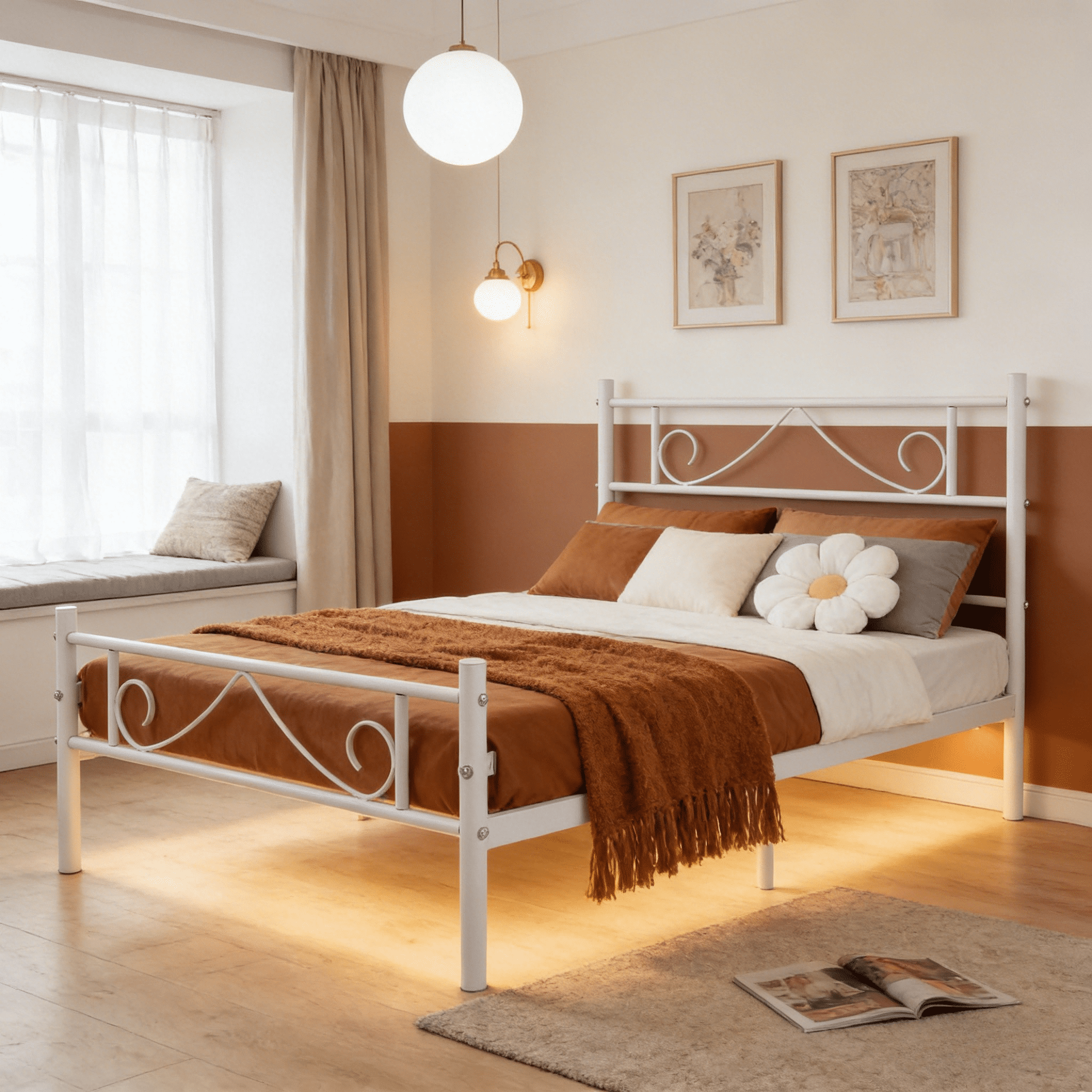 FurnitureR Metal Bed Frame with Decorative Headboard & Footboard, Twin ...