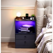 FurnitureR Modern Black Nightstand with Charging Station and LED Lighting, 2 Drawer Bedside Table with Open Shelf and Cable Port, End Table with USB Ports and Power Outlets for Bedroom