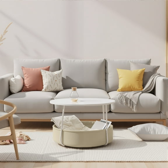 FurnitureR Modern Round Coffee Table with Storage Basket, Space-Saving Center Table with Sturdy Metal Frame & Fabric Organizer for Living Room