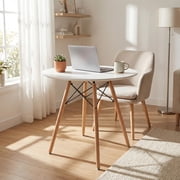 FurnitureR Modern Round Office Desk with Minimalist Design, Sturdy Wooden Legs, and Smooth White Surface, Ideal for Compact Workspaces and Collaborative Environments