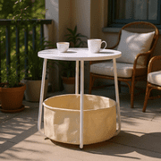 FurnitureR Modern Stylish White Table with Beige Storage Basket for Outdoor Spaces, Perfect for Patios and Balconies