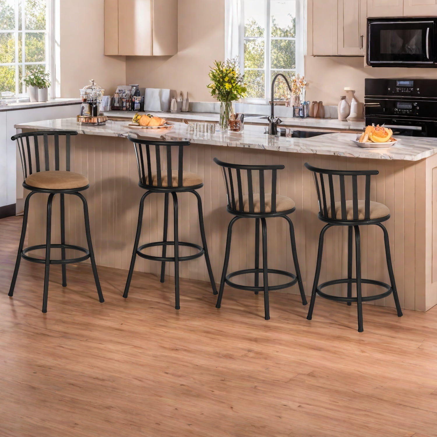 FurnitureR Modern Swivel Bar Stools Set of 4, 24" - 29" Adjustable Counter Height Chairs with Low Back and Sturdy Metal Frame, Brown Suede Seat for Kitchen Island, Dining Room and Home Bar