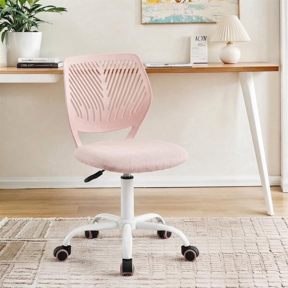 FurnitureR Pink Armless Desk Chair, Swivel Computer Task Chair with Wheels, Adjustable Vanity Chair for Bedroom Dorm & Small Spaces, Leaf Back
