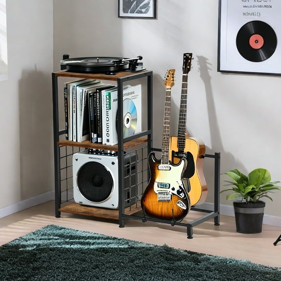 FurnitureR Record Player Stand with Guitar Rack, 3-Tier Vinyl Storage Shelf with Metal Frame, Multi-Purpose Display Cabinet for Records, Speakers, Books & Instruments Industrial Style