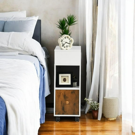 FurnitureR Sofa Side Table, End Table with 2 Shelves and 1 Drawers, Narrow Bedside Table with Storage Shelves for Small Spaces Living Room Bedroom Office