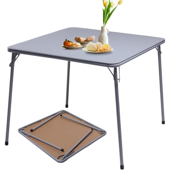 FurnitureR Square Folding Card Table 34 Inch, No Assembly Portable Table for Game Nights, Small Space Dining & Indoor Outdoor Use, PVC Top with Metal Frame, Grey
