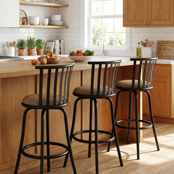 FurnitureR Swivel Bar Stools Set of 3, Adjustable 24" or 29" Height with Metal Frame, Low Back Counter Height Bar Chairs with Brown Suede Seat for Kitchen Island