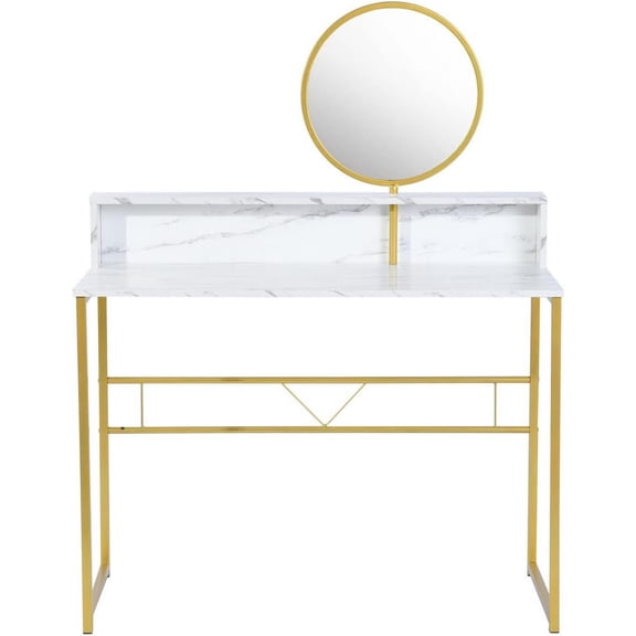 FurnitureR Vanity Desk, 2-Tier Dressing Table with Mirror, Modern Simple Makeup Vanity Dresser, Multifunctional Dressing Desk for Bedroom, 40.5-Inch, White/Gold