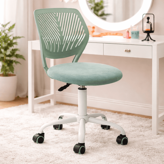 FurnitureR Velvet Scallop Back Vanity Desk Chair, Modern Adjustable Swivel Task Chair with Gold Metal Legs, Aqua