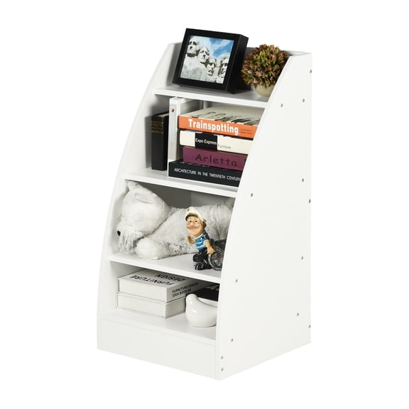 FurnitureR White 4 - Tier Slant - Front Display Shelf, Modern Curved - Edge Storage Rack with Graduated Shelves, Freestanding Organizer for Books, Magazines, Crafts in Home & Office