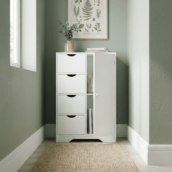 FurnitureR White Storage Cabinet with 4 Drawers & Door, Free Standing Floor Organizer for Bathroom, Home Office & Crafts, 22" Wide,White