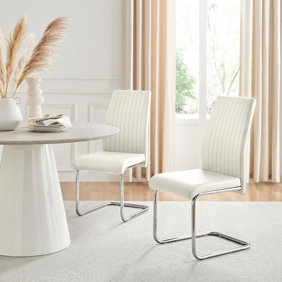 Furniturebox UK Lorenzo Modern Adult Faux Leather Chrome Dining Chairs, Off-White (Set of 2)