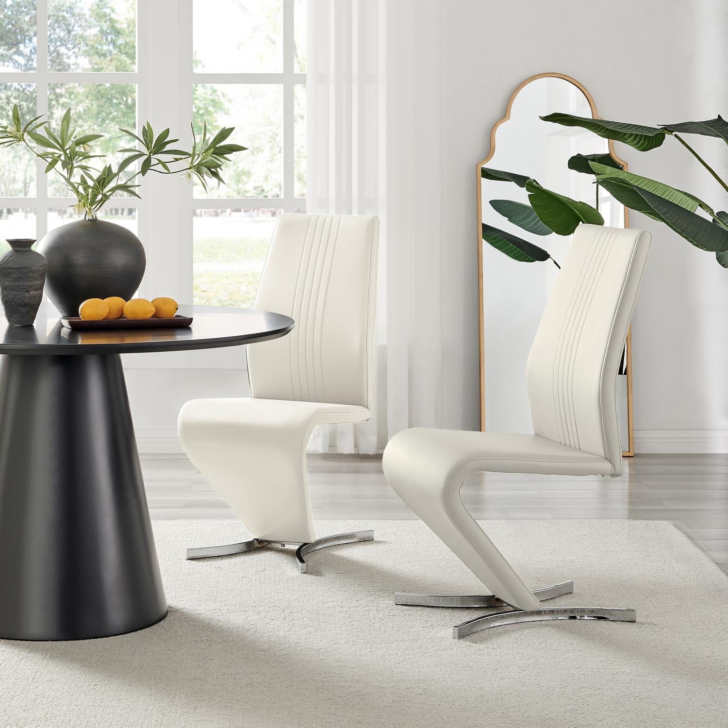 Furniturebox UK Willow Modern Adult Faux Leather Dining Side Chairs, Off-White (Set of 2)