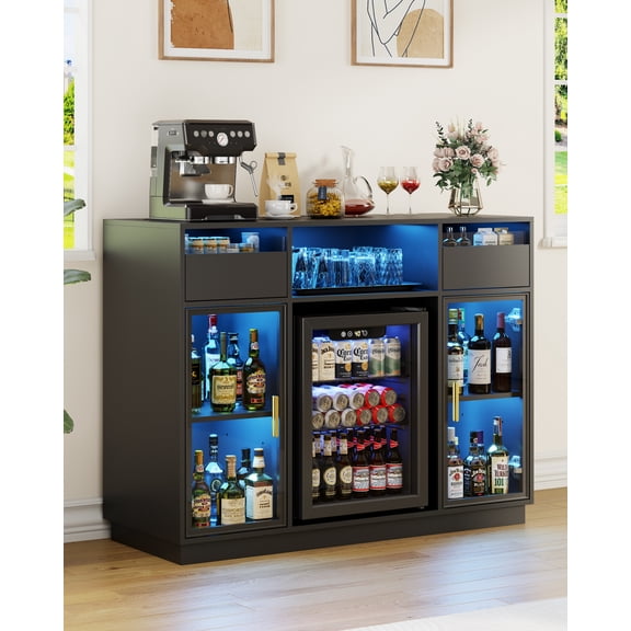 Furnivado 47.6" Coffee Bar Cabinet with Mini Fridge Space, LED Bar Cabinet with Power Outlet & USB Ports, Wine Liquor Cabinet with Glass Doors, Black