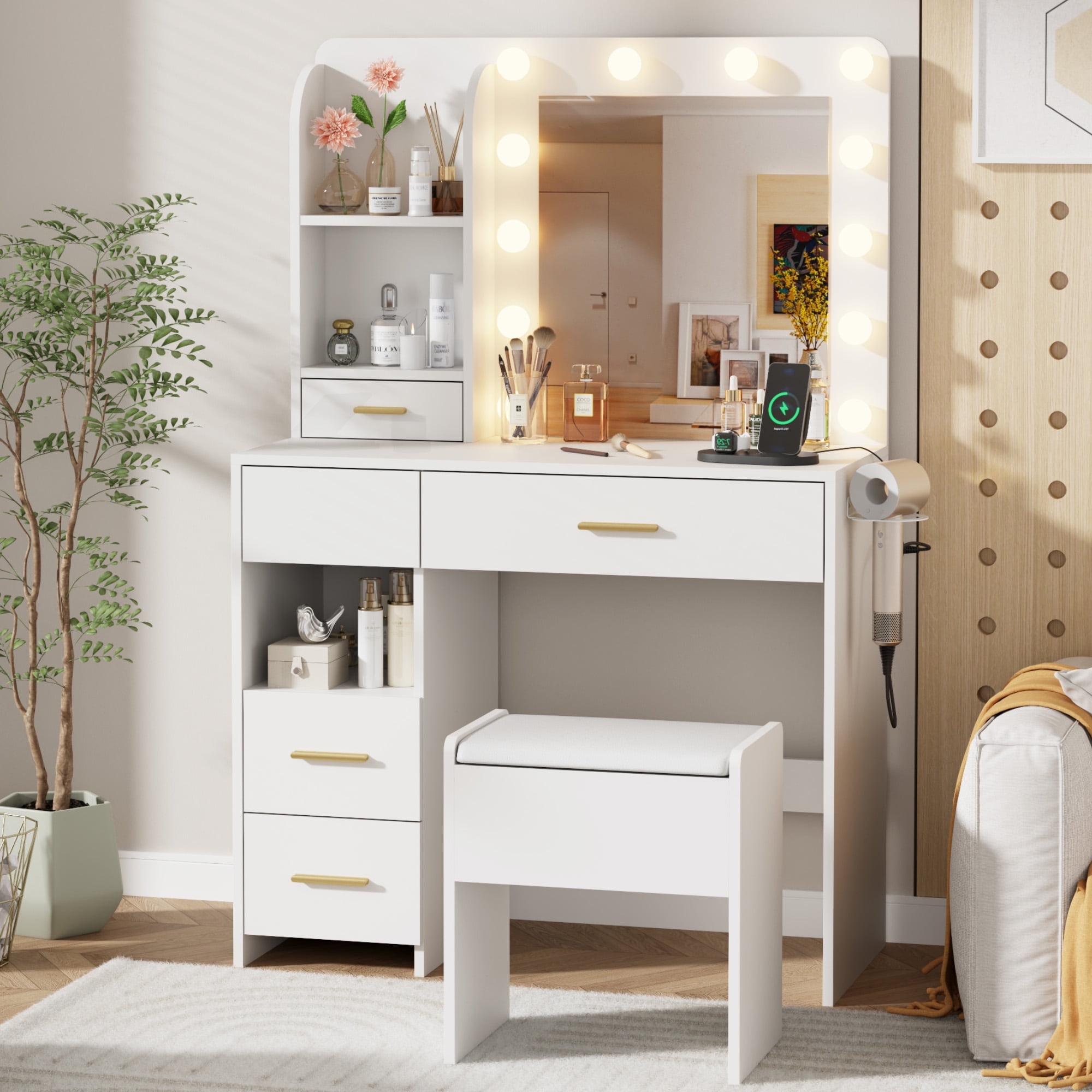 Furnivado Vanity Desk with LED Lighted Mirror, 3 Adjustable Lighting Makeup Vanity Desk with 3 Storage Shelves, 5 Large Drawers and Storage Stool, Vanity with Power Outlet for Bedroom, White