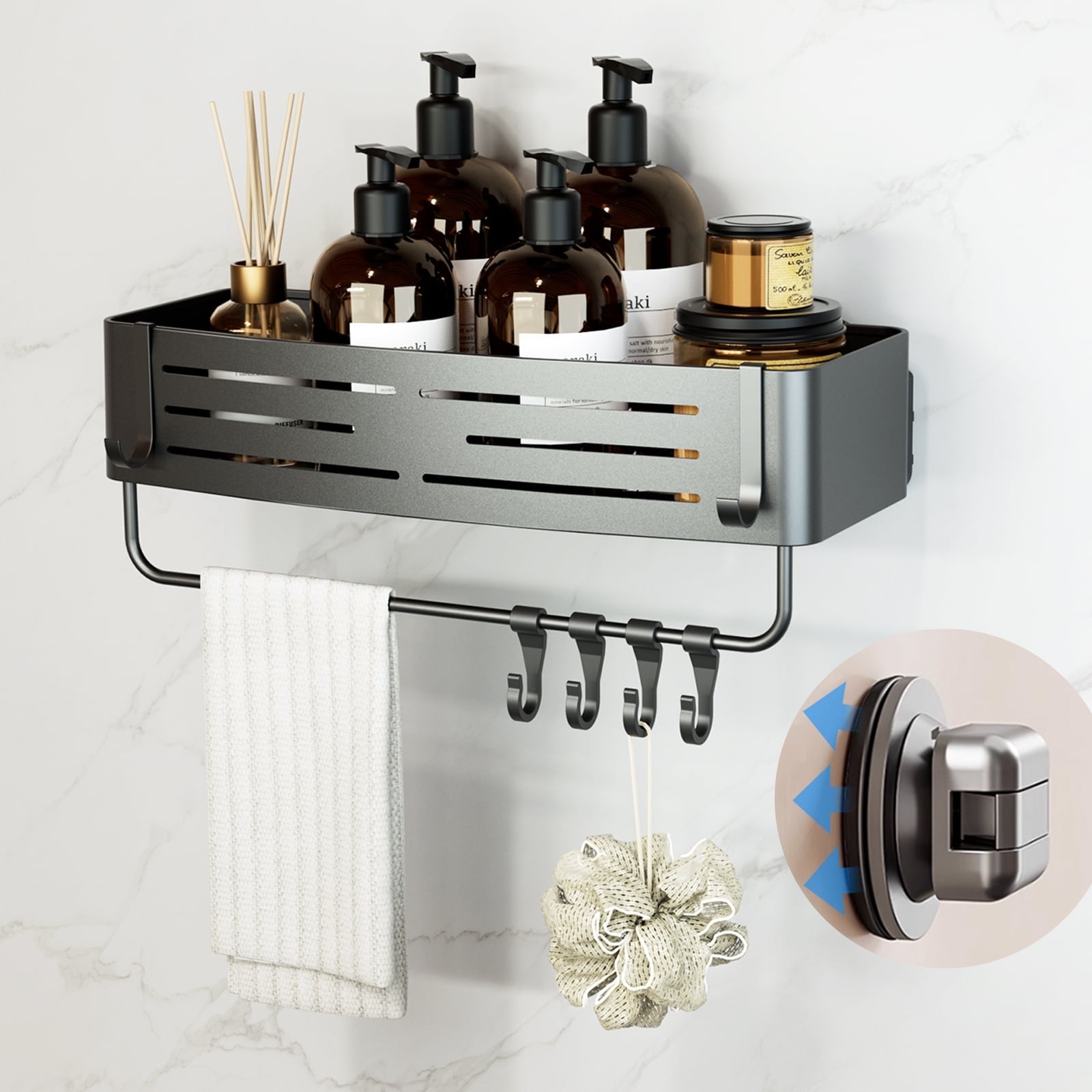 Furniware 1-Shelf Space Aluminum Wall Mount Bathroom Shower Caddy with Towel Rack, Gray