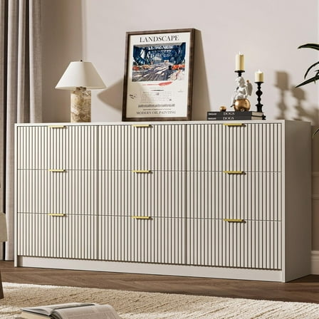 Furniway 63” Fluted Large Beige Dresser with Golden Handles ,9 Drawer Double Dresser, Modern Chest of Drawers Wide Chest of Drawers for Bedroom, Living Room, Entryway and Closet