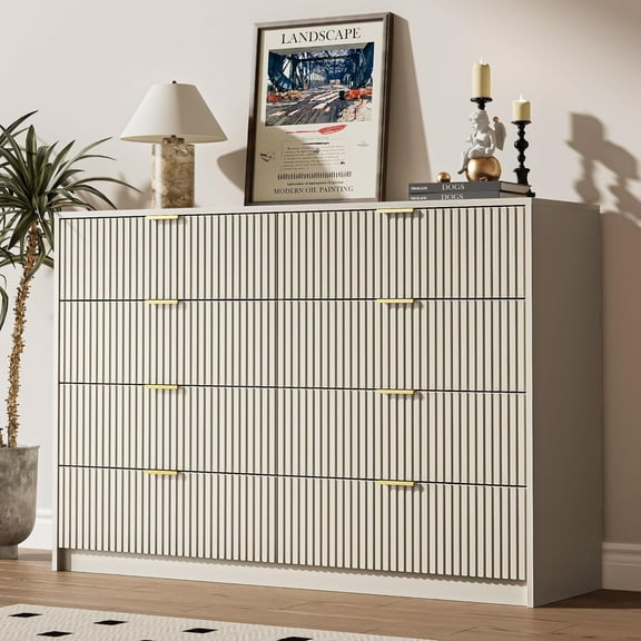 Furniway Beige Dresser for Bedroom, 8 Drawer Double Dresser with Gold Metal Handles, Modern Chest of Drawers for Bedroom, Living Room, Entryway and Closet, Beige