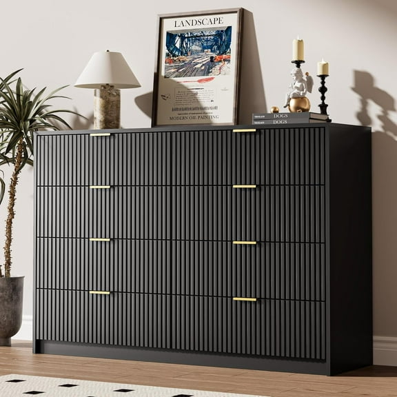 Furniway Black Dresser for Bedroom, 8 Drawer Double Dresser, Modern Chest of Drawers for Bedroom, Living Room, Entryway and Closet, 55" L x 15.7" D x 37.4" H