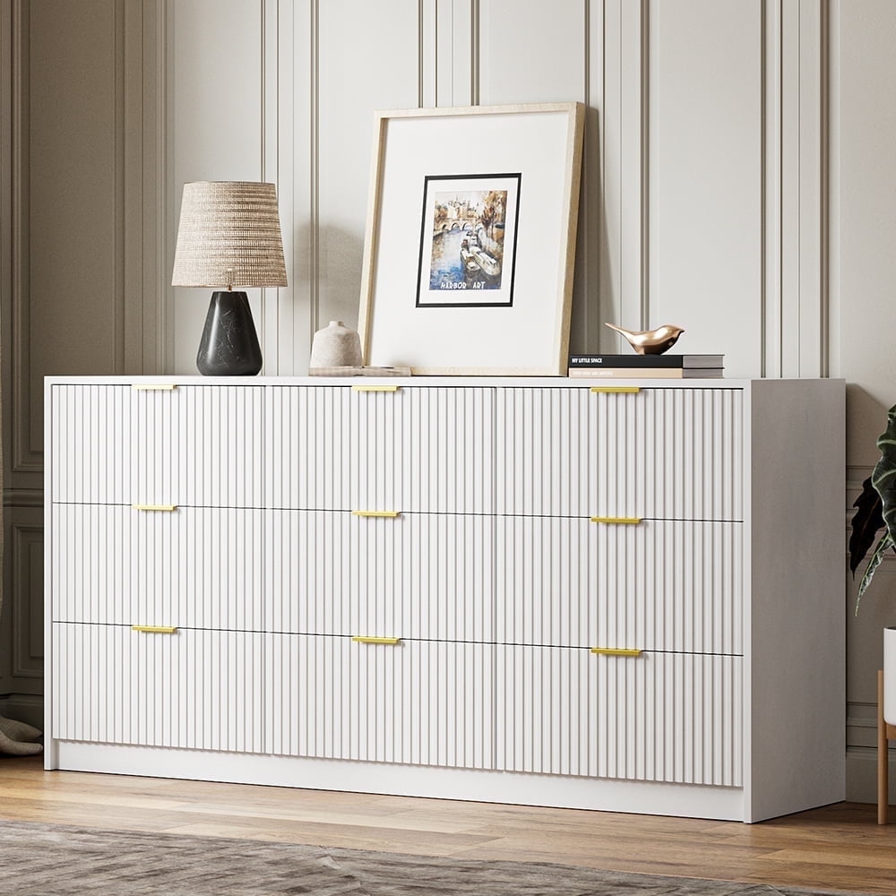 Furniway Fluted Large 9-Drawer White Dresser, 63