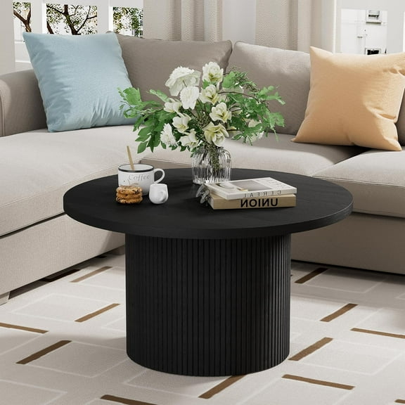 Furniway Round Coffee Table, 35.4" Circle Wide Coffee Table, Wood Table and Center Table for Living Room, Black