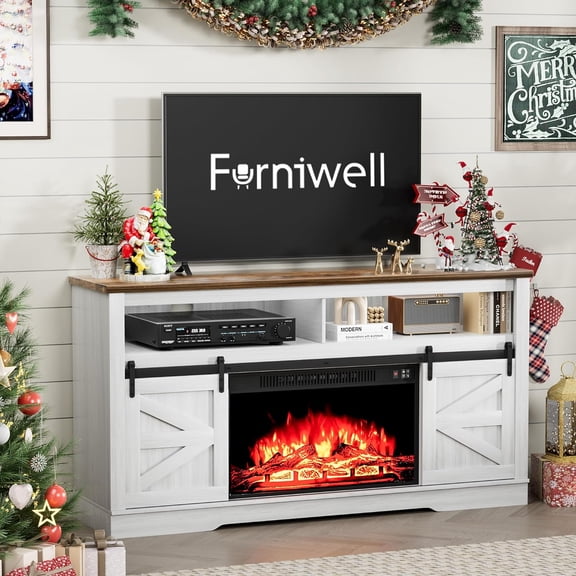 Furniwell Electric Fireplace TV Stand for TVs up to 65", Entertainment Center with 26” Fireplace Console Table with Sliding Barn Door and Adjustable Storage Shelves for Living Room (White)
