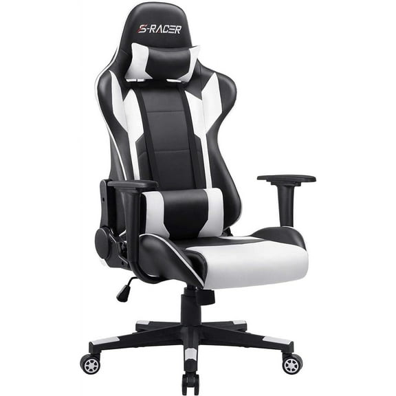 Furniwell Gaming Chair PU Leather Office Chair High Back Computer Desk Chair Adjustable Swivel Racing Executive Leather Ergonomic Task with Headrest and Lumbar Support (White)