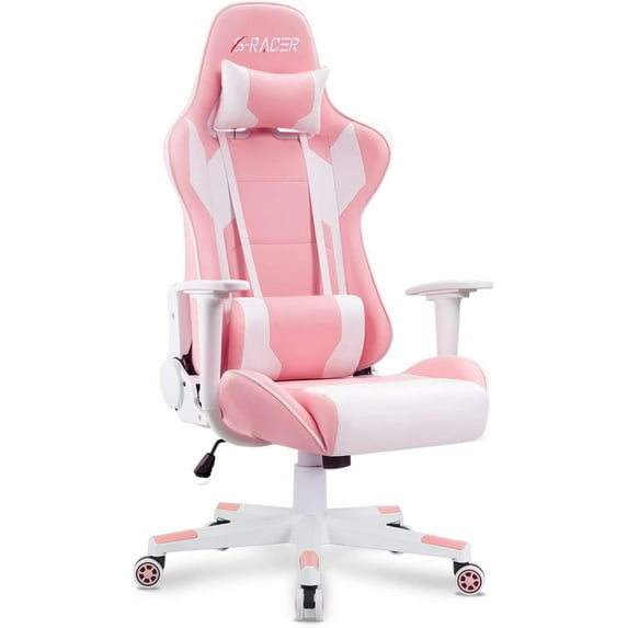 Furniwell Gaming Racing Computer PC Office Desk Chair - Adjustable Swivel High Back Carbon Fiber Style PU Leather Executive Ergonomic With Headrest and Lumbar Support (Pink)