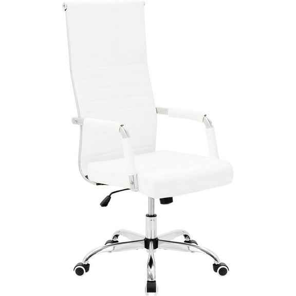 Furniwell Office Desk Chair High Back Ribbed Executive Computer Chair, Adjustable Swivel Rolling Leather Ergonomic Task Chair for Conference Room (White)