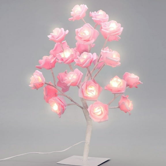 Furnizone Table Lamp Rose Tree Lamp with AC Adapter Flexible Pink Flower Desk Lamp Bedside Lamp Tree Light for Party Bedroom Living Room Wedding Holiday Home Indoor Decoration 24 Warm White LEDs