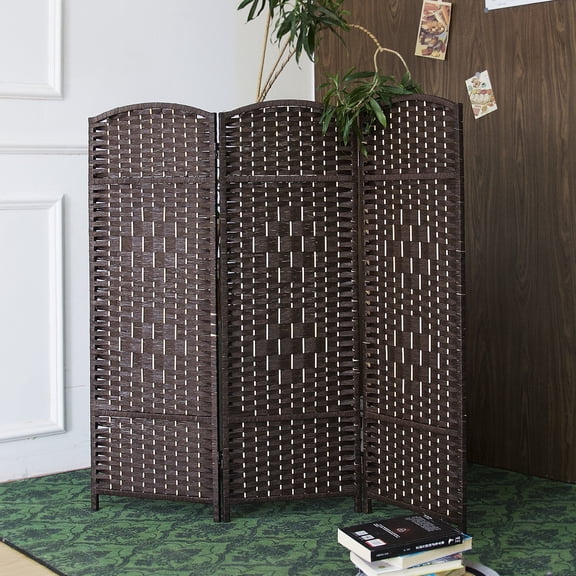 Furnnylane 3 Panel Rattan Divider Short Room Partition Screen,Double Sided Folding Divider for Room Separation,Dark Brown,47.2" H x 47.2" W