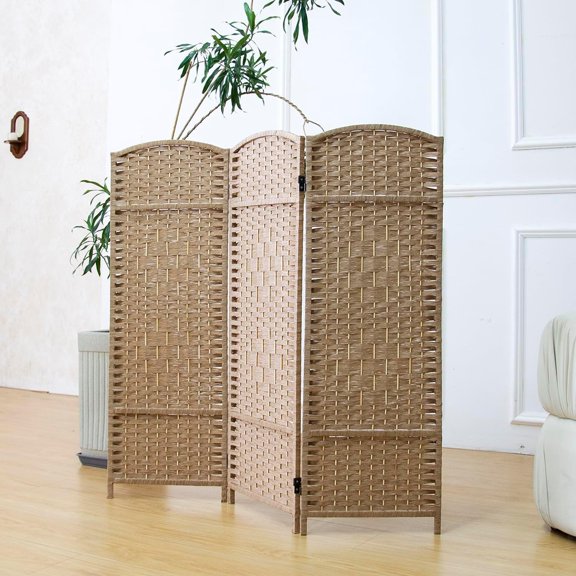 Furnnylane 3 Panel Rattan Divider Short Room Partition Screen,Double Sided Folding Divider for Room Separation,Light Brown,47.2" H x 47.2" W