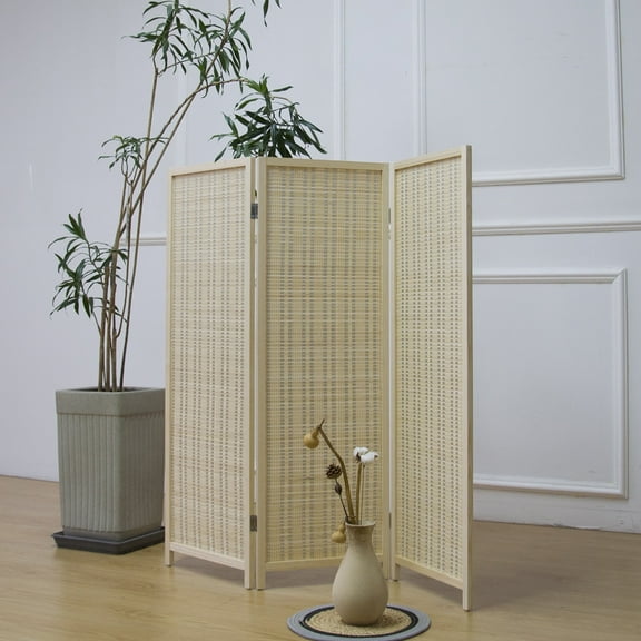 Furnnylane 3 Panel Room Divider Short Folding Screen Divider,Double Sided Bamboo Divider Screen for Room Separation,Beige,47.2" H x 46.1" W