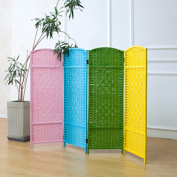 Furnnylane 4 Panel Rattan Divider Short Room Partition Screen,Double Sided Folding Divider for Room Separation,Colorful,47.2" H x 63" W