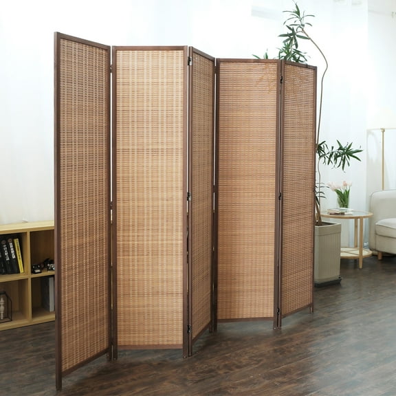 Furnnylane 5 Panel Room Divider and Folding Screen Room Divider,Freestanding Bamboo Room Divider Screen for Room Separation,67" H x 76.75" W