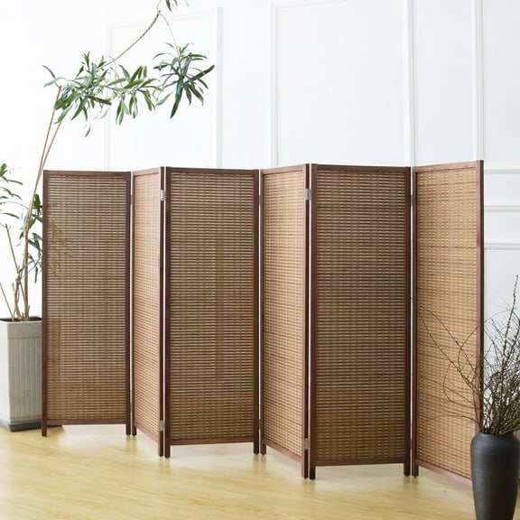 Furnnylane 6 Panel Room Divider Short Folding Screen Divider,Double Sided Bamboo Panel Divider for Room Separation,Brown,47.2" H x 92.1" W