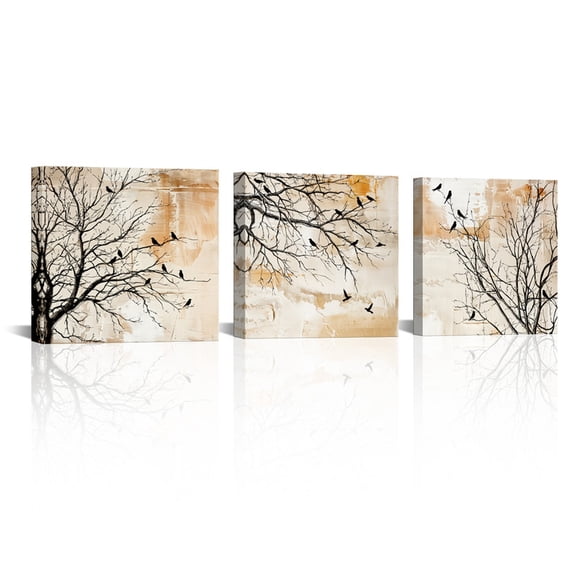 Furnster 3-Panel Canvas Wall Art Farmhouse Vintage Tree Birds Painting 12''x12'' Framed Prints for Home Bedroom Decor