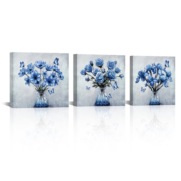 Furnster 3PCS 12''x12'' Elegant Blue Floral Canvas Prints Wall Art Decor Vase Flower Painting for Home Office Kitchen Decoration