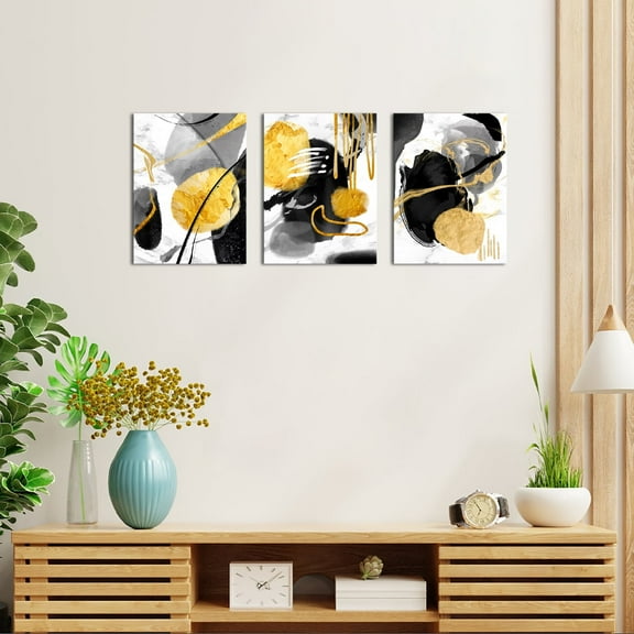Furnster Abstract Black Yellow Framed Wall Art Decor Abstract Digital Print Set of 3