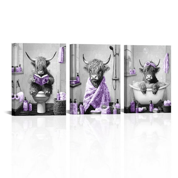 Furnster Cute Cow Canvas Prints Modern Animal Wall Art Decor Funny Bathroom Painting for Home Decoration Ready to Hang 12''x16'' 3Pcs