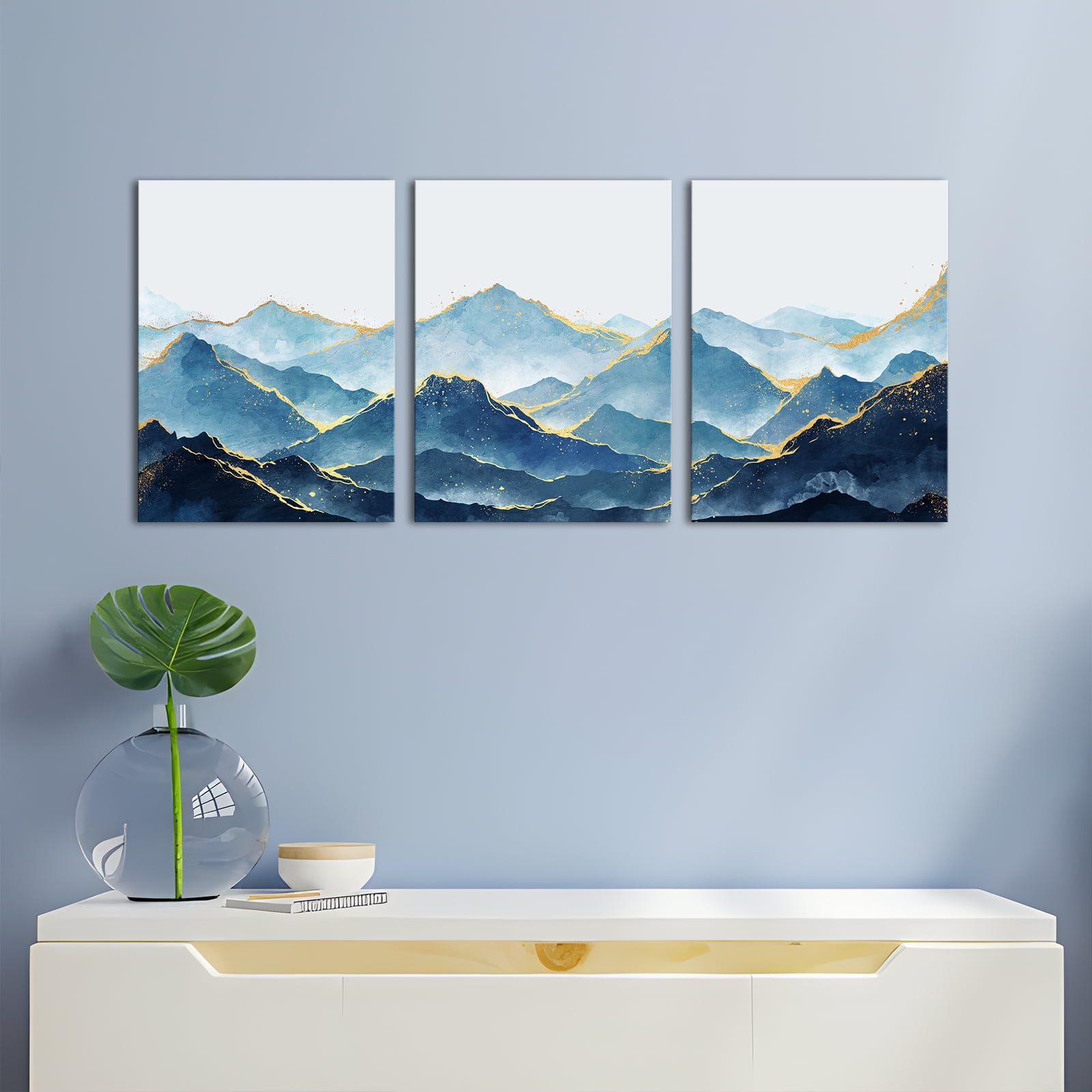 Furnster Framed Canvas Print Wall Art Set Blue Pastel Paint Landscape ...