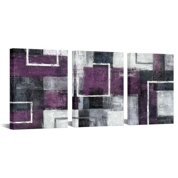 Furnster Modern Abstract Geometric Canvas Wall Art Purple & Grey Framed Painting for Bedroom, Living Room, Office Decor 12x16 Inches 3Pcs