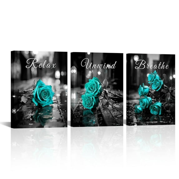 Furnster Modern Blue Rose Canvas Wall Art Relax Unwind Breathe Bathroom Decor Floral Painting Print for Home 12"x16" 3Pcs