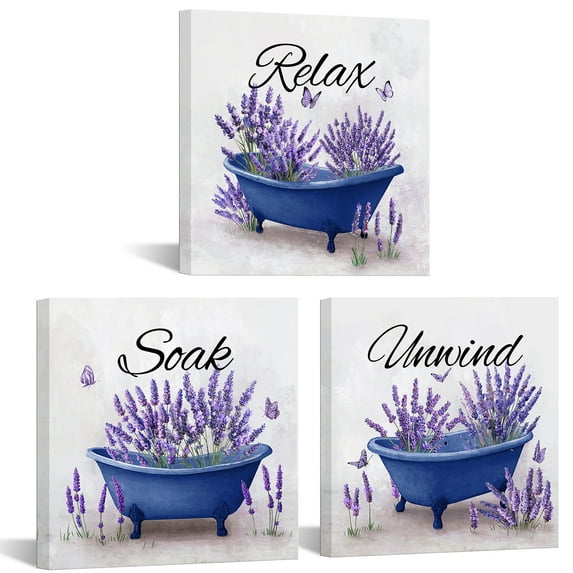 Furnster Modern Elegant Bathroom Wall Art Set Framed Canvas Prints Featuring Bathtub, Flowers, Stylish Bathroom Decor 12''x12''x3Pcs(Blue)