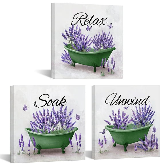 Furnster Modern Elegant Bathroom Wall Art Set Framed Canvas Prints Featuring Bathtub, Flowers, Stylish Bathroom Decor 12''x12''x3Pcs(Green)