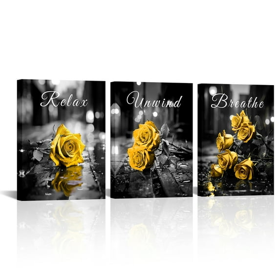 Furnster Modern Yellow Rose Canvas Wall Art Relax Unwind Breathe Bathroom Decor Floral Painting Print for Home 12"x16" 3Pcs